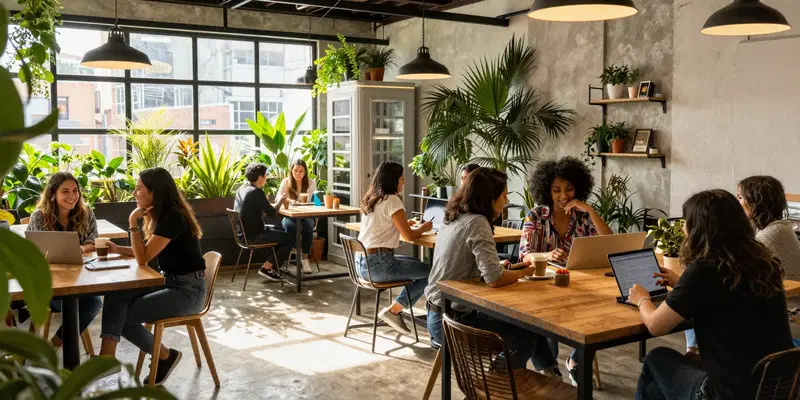 wide shot of a vibrant co-working space in Medellin, Colombia, modern industrial design with plants, a mix of digital nomads collaborating at tables and in phone booths, focus on a small group of three women laughing over coffee, warm afternoon light streaming through large windows --ar 16:9 --style raw