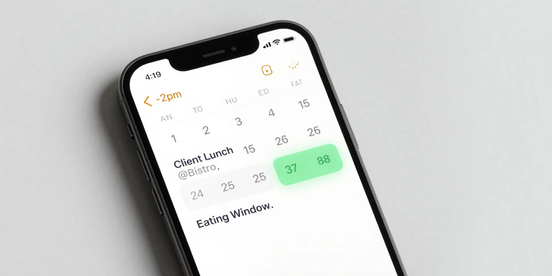 Midjourney prompt: A simple, elegant smartphone screen showing a calendar app. The 1-2pm block is marked 'Client Lunch @Bistro,' while the 3-5pm block is highlighted in green as 'Eating Window.' Minimalistic, clean desk background. --ar 16:9 --style raw
