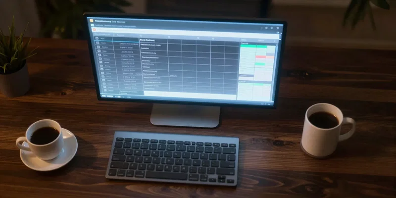 Top-down view of a perfectly organized dark wood desk, glowing holographic spreadsheet hovering above, coffee cup, warm dramatic lighting, 8k resolution, photorealistic --ar 16:9