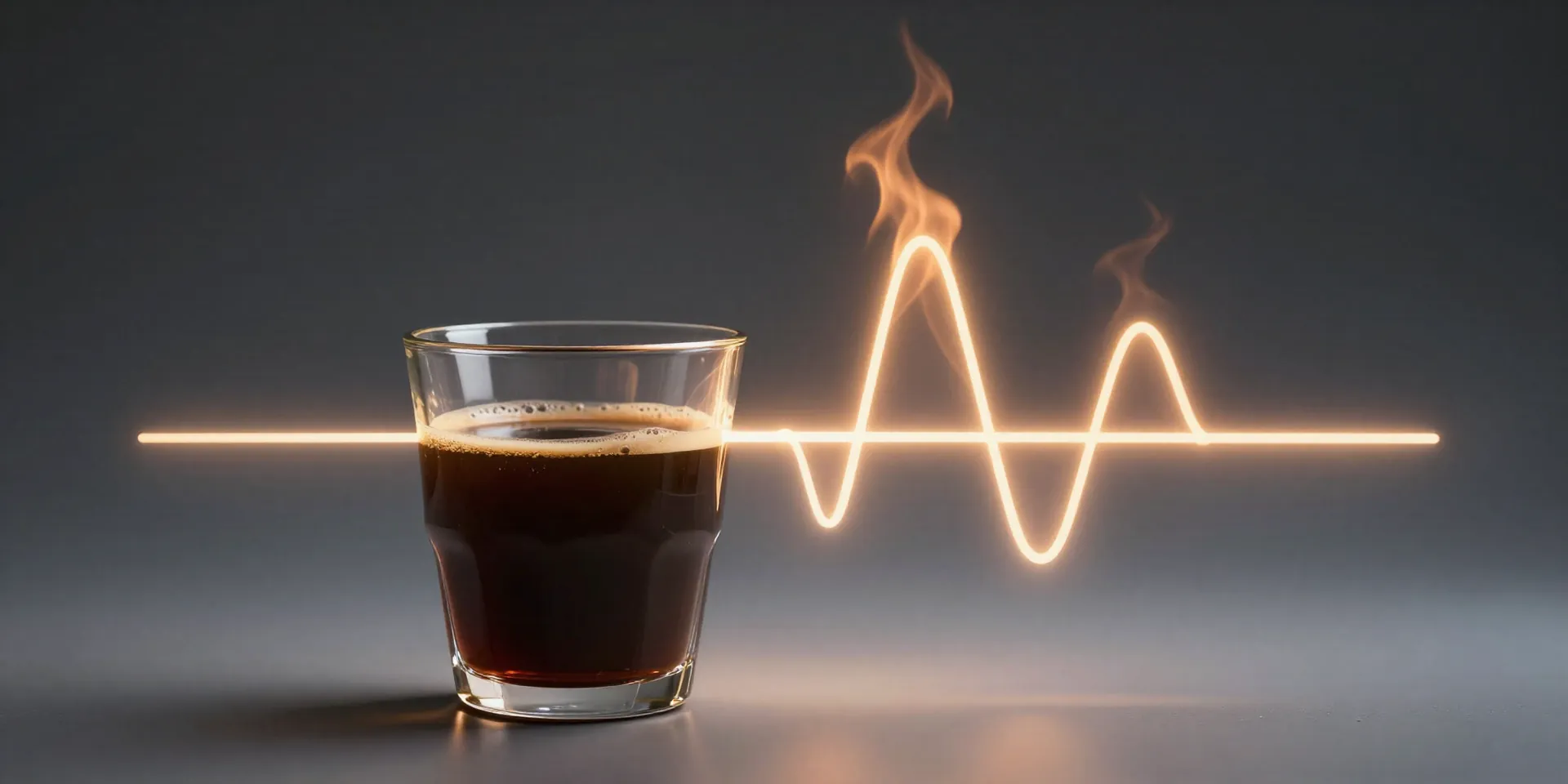 Midjourney/SD Prompt: A conceptual, scientific illustration. A clear glass of black coffee sits in the foreground, with abstract, glowing lines representing a calm, flatlined graph (insulin) and fiery, active lines (metabolism) rising from it. Digital art style, sharp focus. --ar 16:9