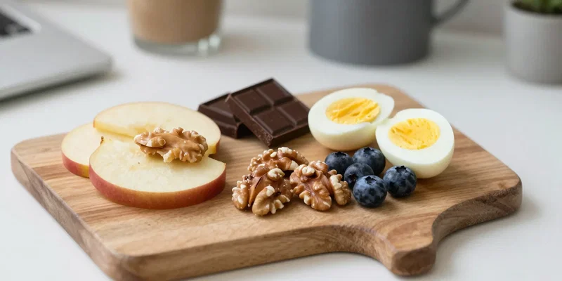 A simple, wooden board with 'WFH Power Snacks': apple slices with almond butter, a few squares of dark chocolate, a handful