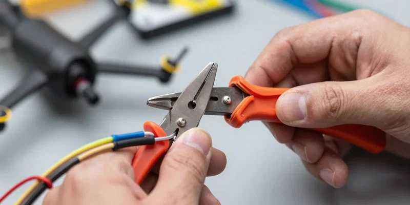Close up of hands using precision wire strippers on a colorful silicone drone wire, high-end DIY drone build in the background, sharp focus, macro photography --ar 16:9 --v 6.0