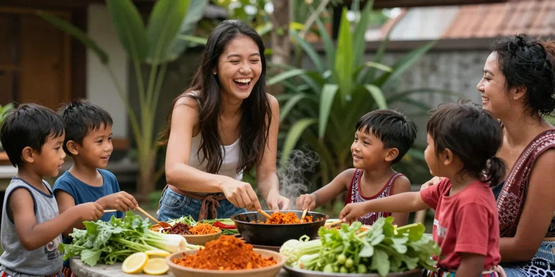 Stable Diffusion prompt: A joyful young woman laughing with a local family while preparing food in a vibrant outdoor kitchen in Bali, Indonesia, colorful spices and vegetables on the table, genuine moment of connection, photojournalism style --ar 16:9