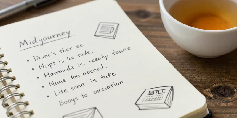 Midjourney Prompt: A close-up on a notebook with handwritten bullet points and doodles next to a cup of tea. Topics include 