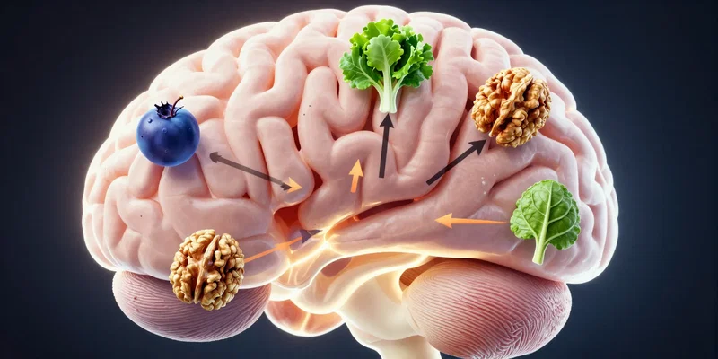 Close-up, cross-section of a human brain, glowing with soft light. Arrows point to different lobes with food icons
