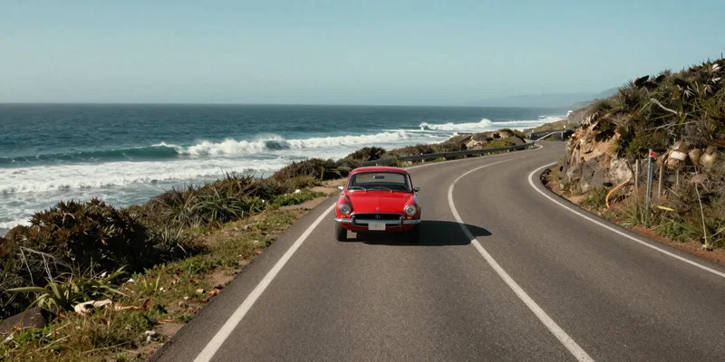 FPV drone camera view tracking a red vintage car on a winding coastal road, perfectly leveled horizon, cinematic lighting, ocean waves crashing, photorealistic --ar 16:9
