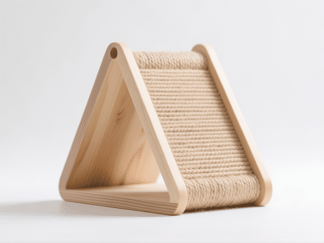 A sleek, modern A-frame cat scratcher made of natural beige sisal and light pine wood. Clean lines, minimalist