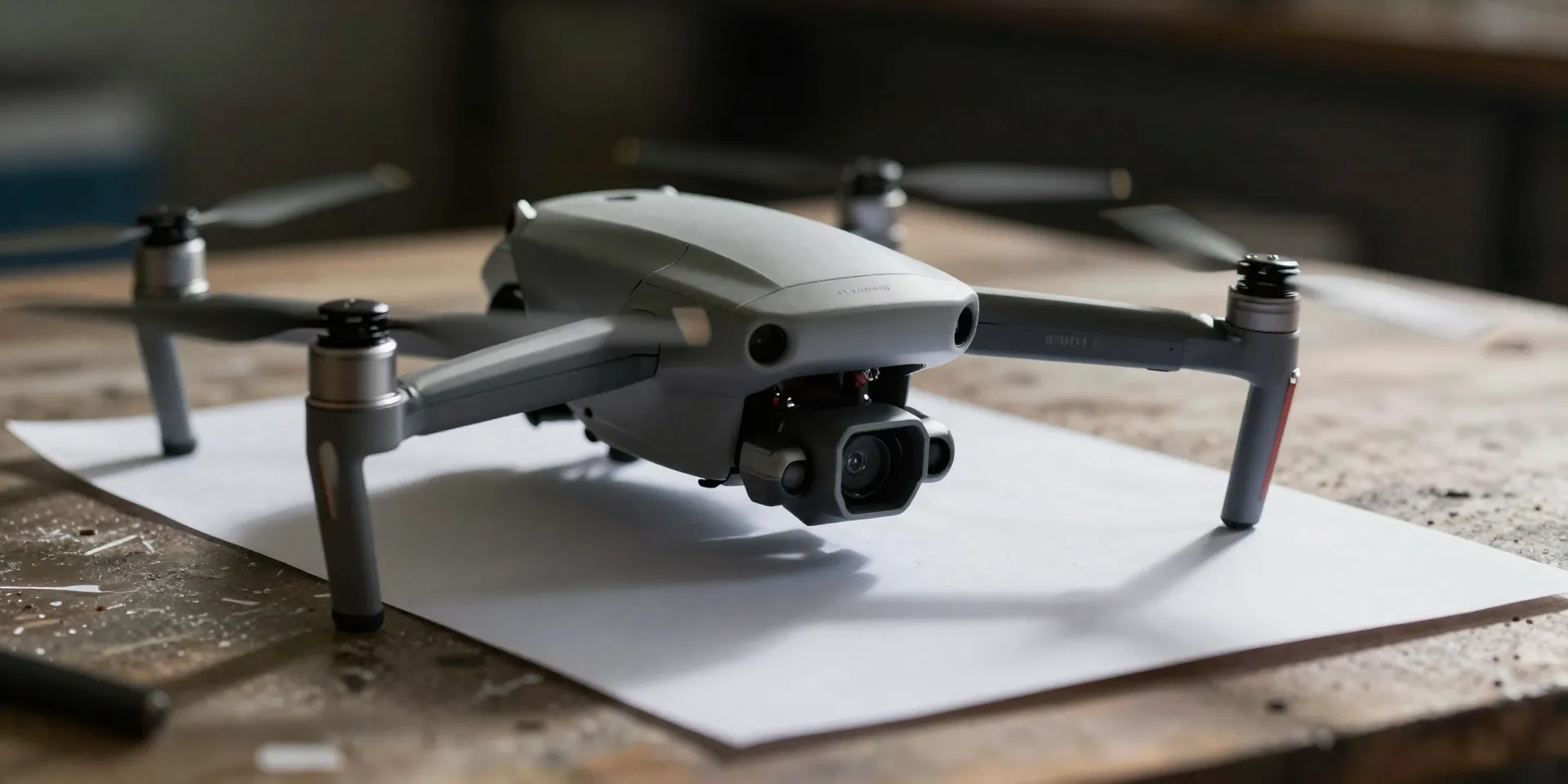 A spinning drone propeller slicing through a piece of paper on a messy workbench, motion blur, dramatic lighting, high tension, photorealistic --ar 16:9