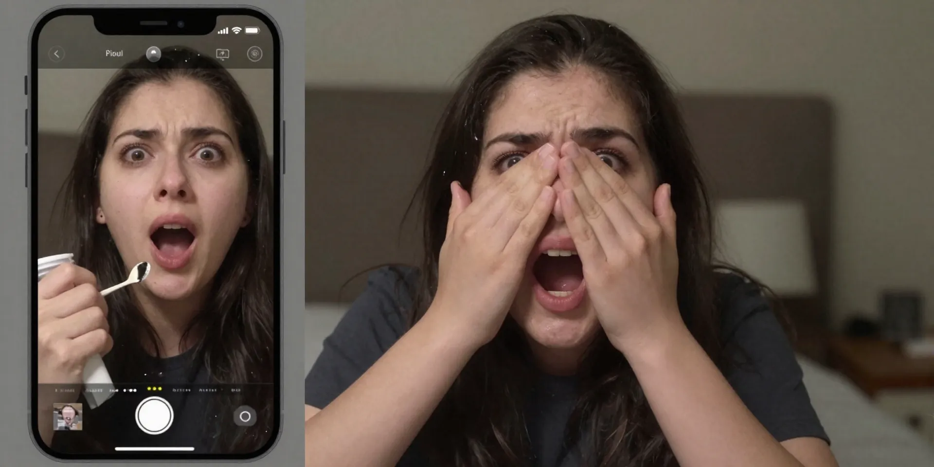 Split-screen visual concept. Left side: a messy, candid phone screenshot of a frantic 