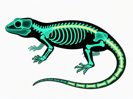 Illustrated diagram, side-view of a leopard gecko skeleton in an x-ray style, glowing vitamin D3 pathways from skin