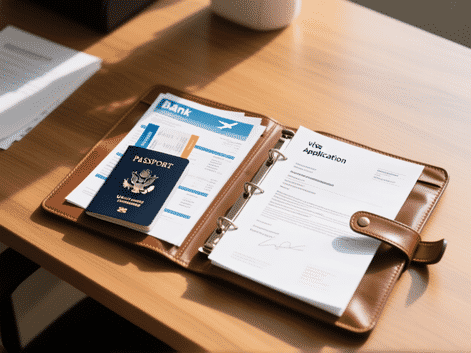 A beautifully organized visa application kit, top-down shot, on a wooden desk: a crisp passport, neatly printed bank statements, flight itinerary, proof of accommodation, a letter from a remote employer, a leather folio, morning light, shallow depth of field, style of detailed product photography, --ar 16:9
