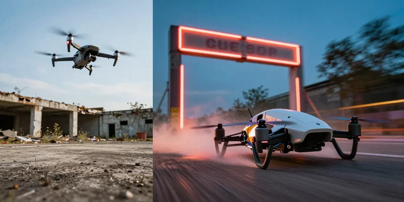 Split screen visual. Left side: an FPV drone doing a freestyle flip over an abandoned concrete building. Right side: a sleek racing drone leaning hard into an illuminated race gate. High speed motion blur, vibrant colors, cinematic lighting --ar 16:9