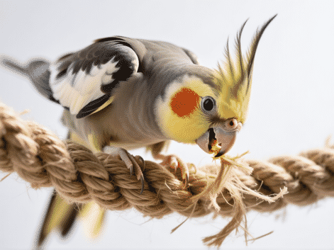 Dynamic shot of a cockatiel vigorously chewing a thick sisal rope perch, fibers fraying naturally, beak and rope texture