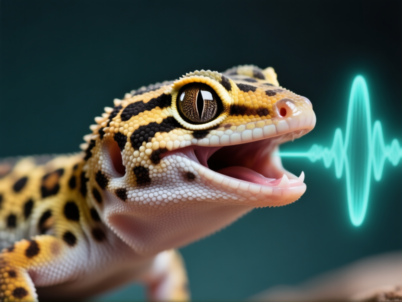 A close-up, photorealistic image of a leopard gecko with its mouth slightly open, a soft chirping sound visualized as a gentle teal soundwave emanating from its face. Macro photography, shallow depth of field, studio lit, 8K detail.