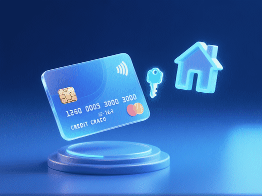 3D animation style, a translucent, futuristic credit card hovers. A smaller, glowing 'digital key' icon detaches from it