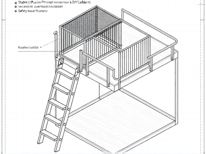 Technical diagram, exploded view of a DIY ladder loft, showing wooden rungs, metal brackets for securing the overhead