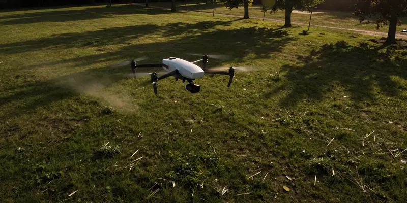 Drone camera perspective skimming over a grassy field at golden hour, long dramatic dark shadows cast by invisible trees and thin poles, high contrast, cinematic, ultra-realistic, dynamic action shot --ar 16:9