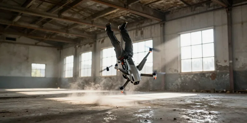 Action shot of an FPV freestyle drone doing a barrel roll inside an abandoned warehouse, sunbeams cutting through dust, dynamic motion blur, ultra-detailed --ar 16:9