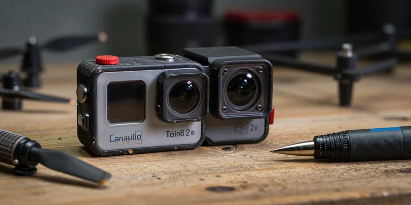 A battle-scarred square action camera sitting on a wooden workbench surrounded by drone propellers and soldering irons, moody workshop lighting, photorealistic --ar 16:9
