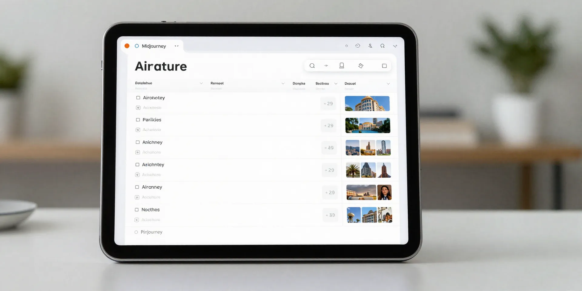A beautifully designed Airtable base interface displayed on a futuristic glass tablet. Rows of content titles, statuses