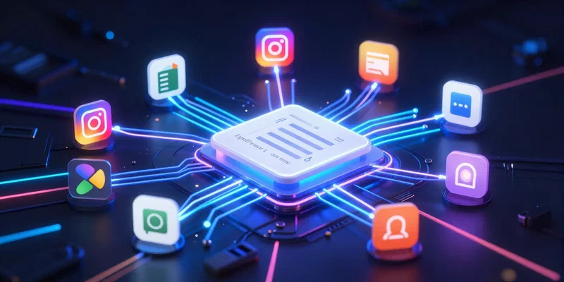 A dynamic, glowing data pipeline visualized as a neon circuit board connecting colorful app icons like Instagram, Google Sheets, and Mailchimp to a central Airtable base, cyberpunk aesthetic, dark background with vibrant light trails, highly detailed, --ar 16:9