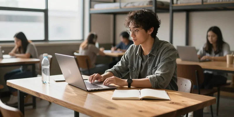 Midjourney prompt: Digital nomad working comfortably at a sturdy hostel common table. Laptop on stand at eye level, external keyboard, water bottle. Sunlight from a nearby window, other travelers blurred in background. Focus on ergonomic posture. --ar 16:9 --style raw