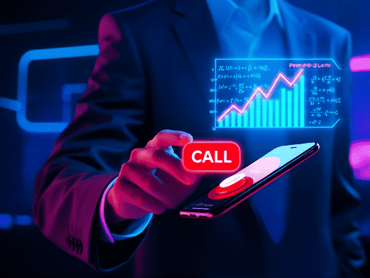 A sharp-dressed person's hand calmly pressing a red 'CALL' button on a smartphone, mathematical formulas and profit/loss charts glowing in a holographic overlay in the background, cyberpunk aesthetics, sharp focus, vibrant colors