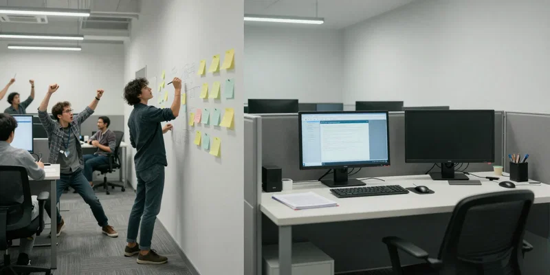AI image prompt: Cinematic split-screen image. Left side: dynamic, chaotic shot of a passionate team in a white-walled startup, post-its everywhere, someone is writing on a glass wall. Right side: clean, quiet, slightly sterile shot of a corporate office cubicle with two monitors, a notepad perfectly aligned. --style raw --ar 16:9