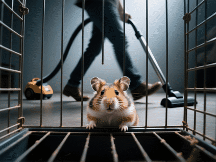 A hamster's perspective from inside a cage, looking out through the bars. human figure walks past quickly, feet looming