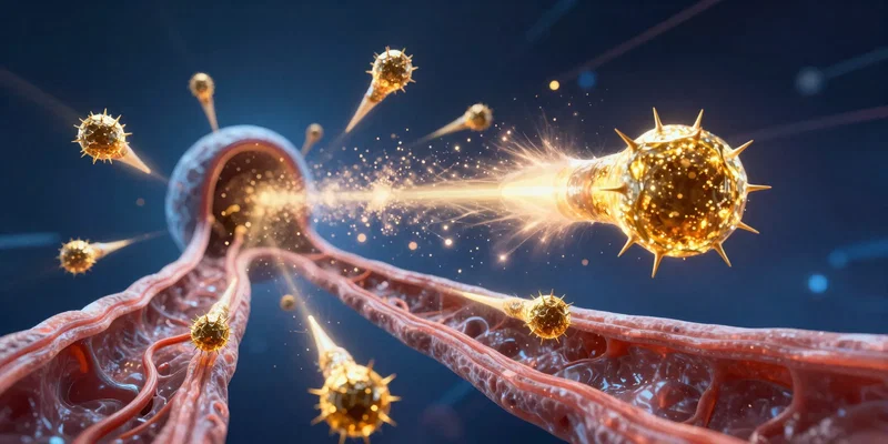 Midjourney prompt: A stunning, abstract scientific visualization inside a human body. Golden, spiky insulin molecules rocketing through a bloodstream like fireworks, against a dark blue backdrop. Dynamic, energetic, and slightly alarming. Digital art style, vibrant colors.