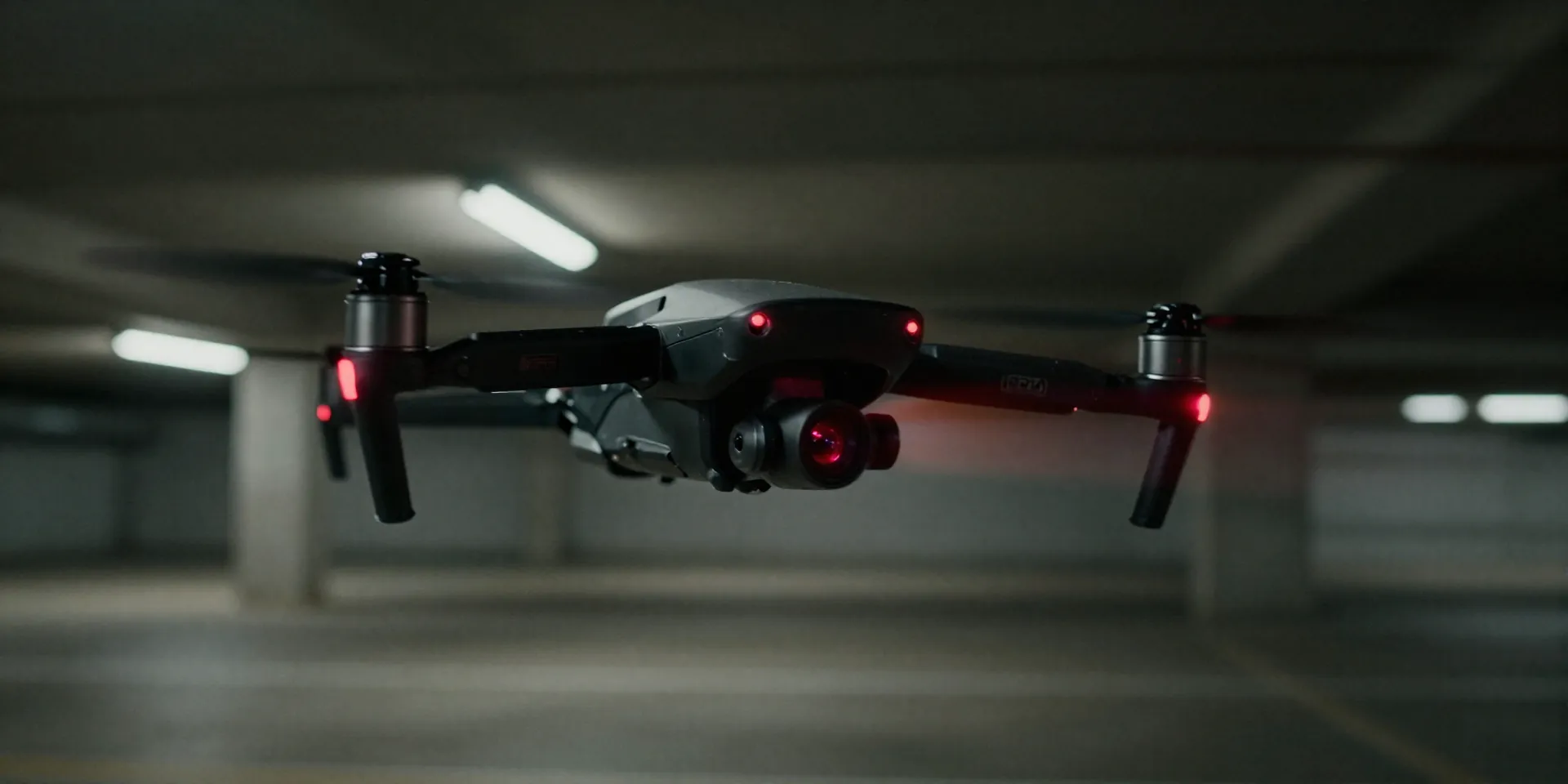 FPV drone flying aggressively through a dimly lit concrete parking garage, glowing red LED on the camera lens, motion blur, gritty moody cinematic lighting, cyberpunk aesthetic --ar 16:9