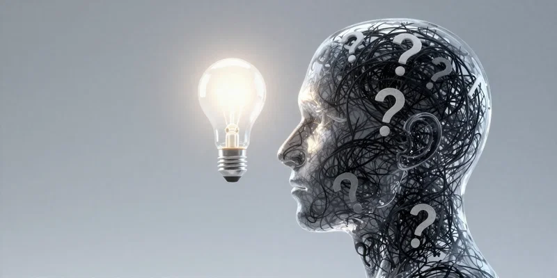 Conceptual image of a transparent human head silhouette filled with chaotic, scribbles and question marks. One clean