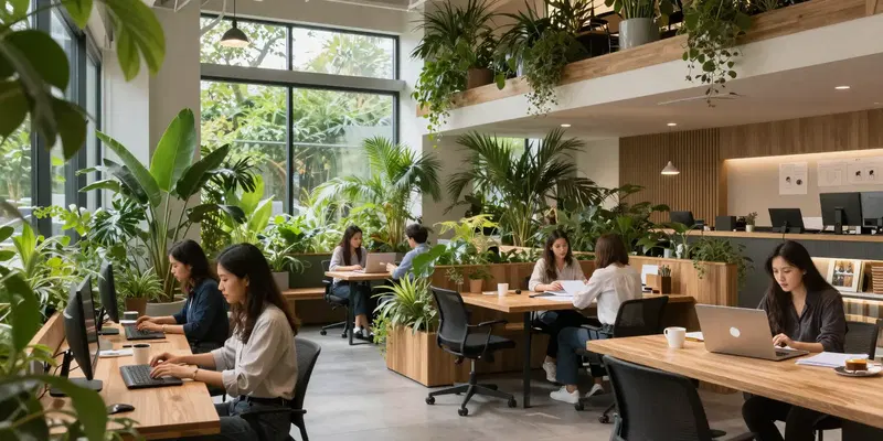 Midjourney Prompt: interior of a modern coworking space with tall ceilings, lush indoor plants, and sleek wooden workstations, a mix of solo women and small groups working, natural light floods in from large windows showing a glimpse of green, vibrant but focused atmosphere, hyperrealistic style