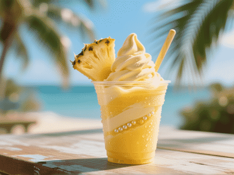 Midjourney/SD Prompt: highly detailed product shot of the iconic Disney Dole Whip soft serve in a pineapple float, golden yellow, in a clear plastic cup with a pineapple wedge, beads of condensation on the side, on a weathered wooden table with a palm leaf in the bokeh background, bright tropical sunlight, food photography style