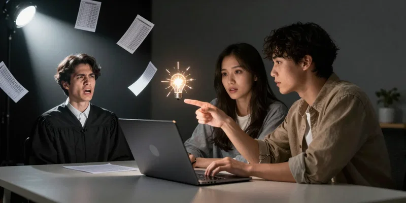A split image. Left side: a person under a spotlight, face strained, with judge's scorecards floating around. Right side: two people in casual clothes, collaborating on a laptop, pointing at the screen, a spark of an idea between them. Cinematic, symbolic contrast. Stable Diffusion.