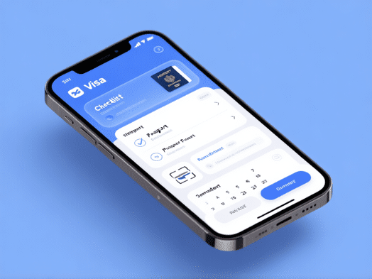 Modern smartphone screen showing a sleek travel app interface with visa checklist, passport scan, and calendar reminders