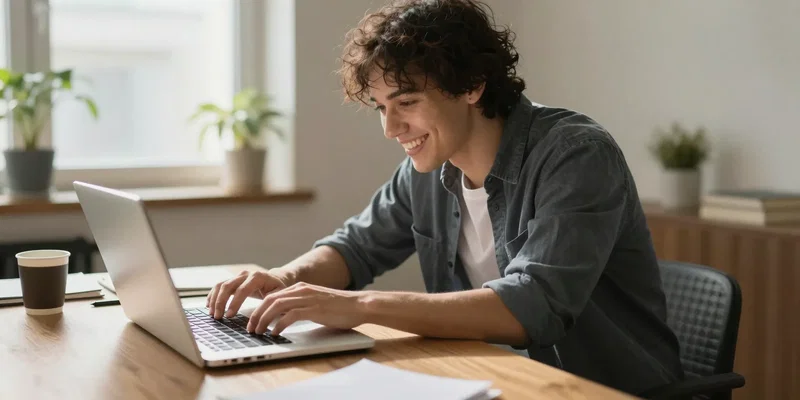 A joyful person typing fast on a laptop in a sunlit room, confident smile, dynamic action shot, messy desk with coffee