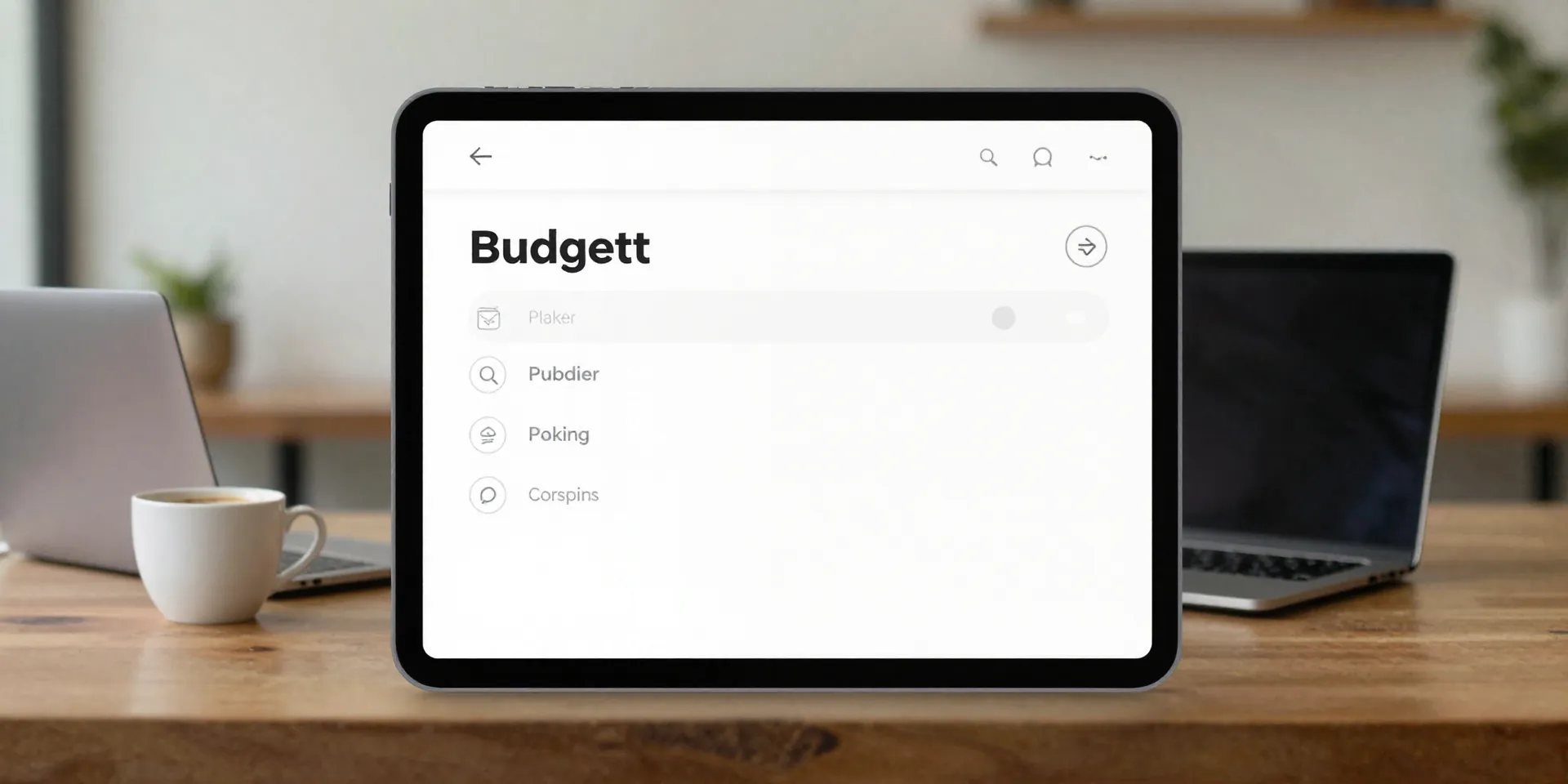 A minimalist, clean interface of a budgeting app on a tablet, floating over a backdrop of a co-working space in Bali with a laptop and coffee. Sharp focus, modern, professional lighting. --ar 16:9