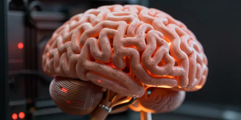 Close-up, macro photography, a human brain depicted as overclocked computer hardware, with tiny warning lights flashing red, heat sinks glowing orange, a visual metaphor for burnout and cognitive overload, sharp details, sci-fi aesthetic --ar 1:1