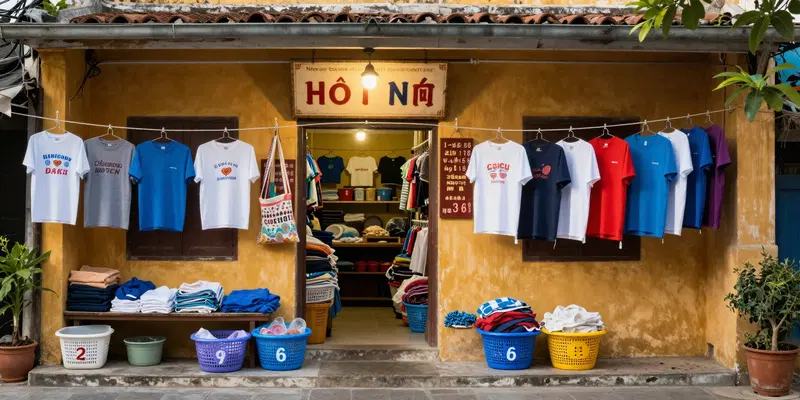 Midjourney Prompt: A small, colorful local laundry shop in Hoi An, Vietnam. Clotheslines with tourist t-shirts hanging, small plastic baskets with numbers. Warm, inviting light, detailed sign with prices in local currency. Photorealistic. --ar 16:9 --v 6
