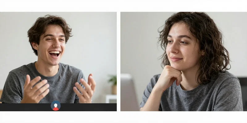 Midjourney Prompt: A split-screen image. Left: a person actively laughing and speaking on a Zoom call, hands gesturing. Right: the same person moments later, listening intently with a slight smile, camera slightly angled, looking thoughtful. Clean digital art style.