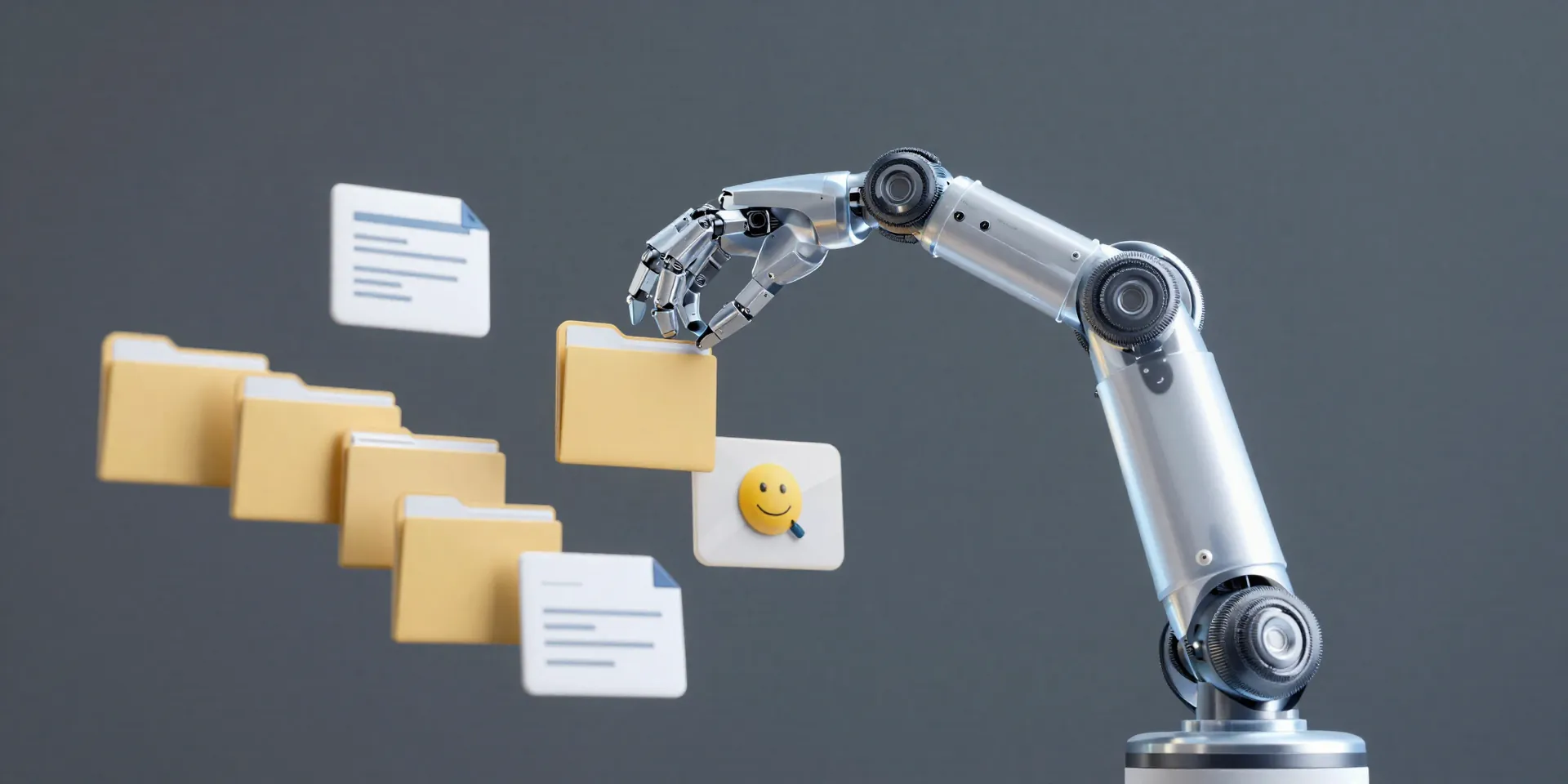 A translucent robotic arm organizing floating digital folders and emails in mid-air, studio lighting, hyper-realistic, macro photography style --ar 16:9