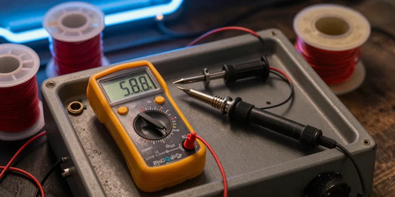 Top-down view of a messy soldering station, digital multimeter showing 5.0V, soldering iron, wire spools, glowing neon lights in the background, realistic photography, sharp focus --ar 16:9