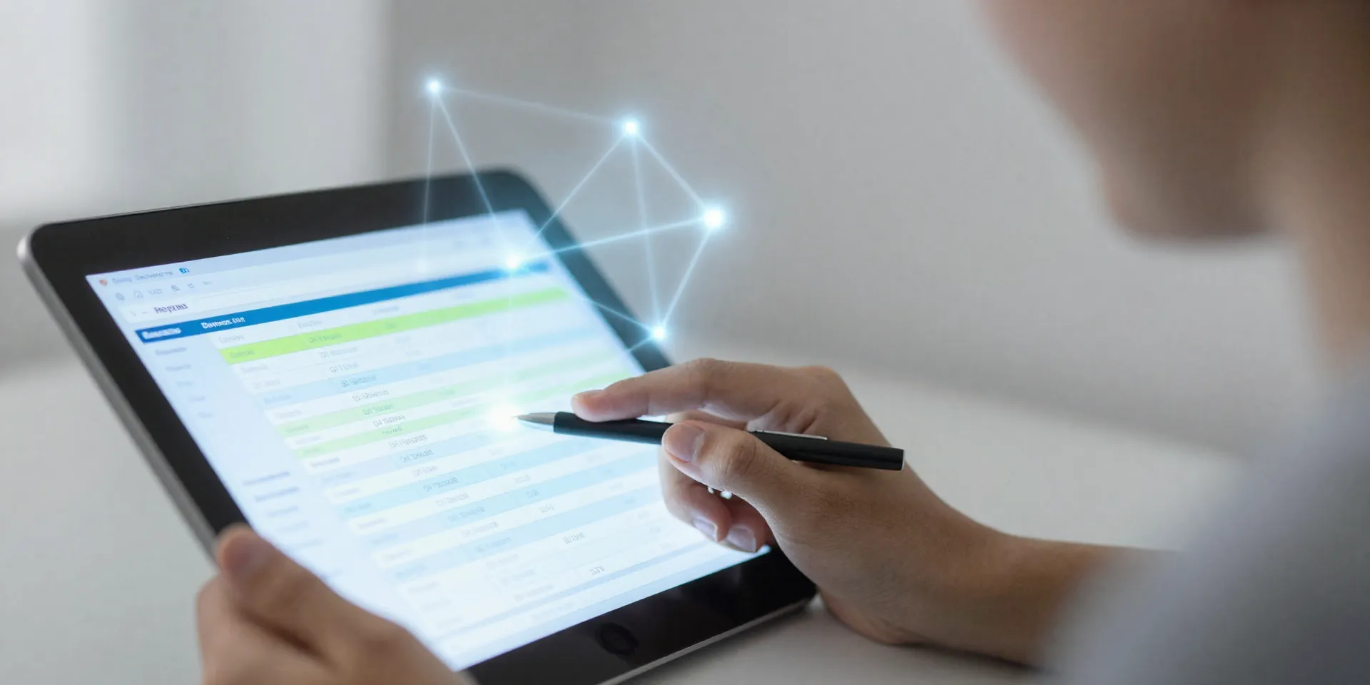 A person smiling, using a tablet that shows a colorful spreadsheet, lines of light connecting data to a glowing network in the background, optimistic light, soft focus.