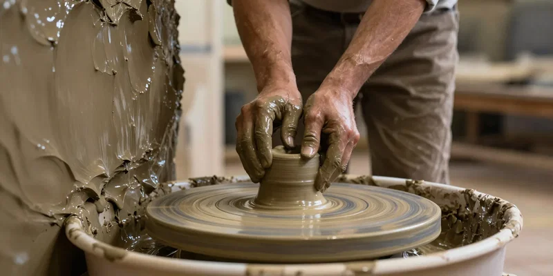 Side view of potter's wet hands pulling up a tall clay wall on a spinning wheel, water dripping, motion blur on the wheel head, warm workshop lighting, detailed wet clay texture, photorealistic, cinematic composition