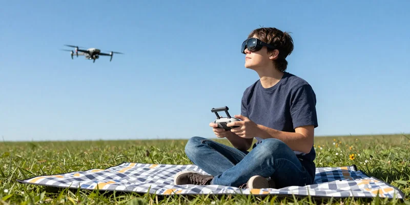 Wide shot of a person sitting peacefully cross-legged on a picnic blanket wearing FPV goggles, holding a radio controller, clear sunny day, drone flying in the distant sky, vibrant colors --ar 16:9 --v 6.0