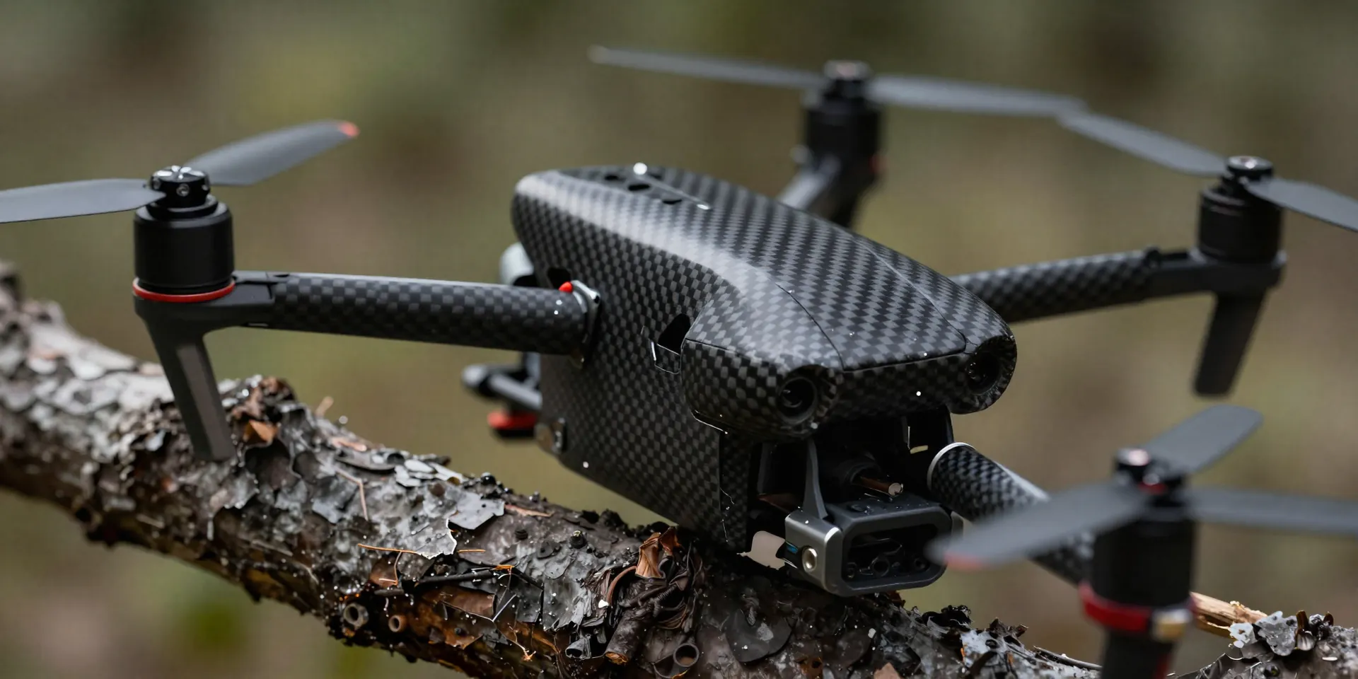 Close up of a smashed carbon fiber drone frame wrapped around a tree branch, cinematic lighting, realistic, 8k resolution, photorealistic, --ar 16:9