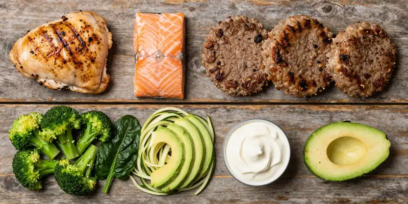 flat lay photography from above, three rows of ingredients on a rustic wooden table: row 1: grilled chicken thighs, salmon fillet, ground beef patties; row 2: roasted broccoli, spinach, zucchini noodles; row 3: sliced avocado, handful of pecans, dollop of full-fat sour cream --ar 4:3