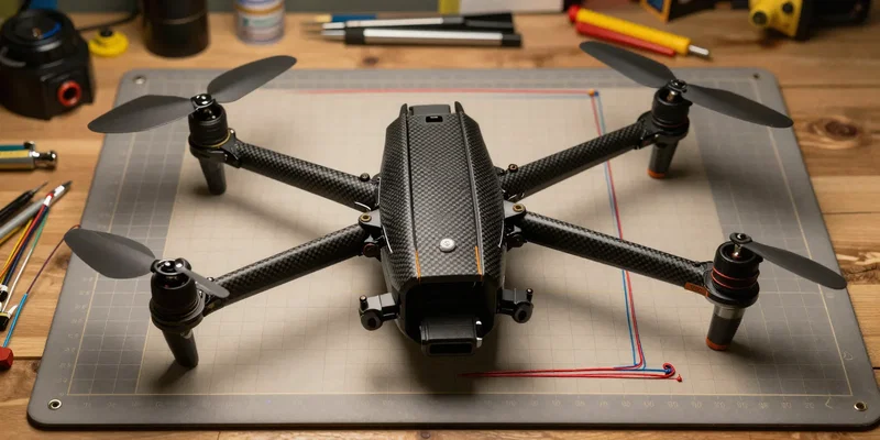 Top-down view of a bare carbon fiber drone frame on a cutting mat, colored strings laid out to plan wire paths, engineering tools around, warm workshop lighting, highly detailed --ar 16:9 --v 6.0