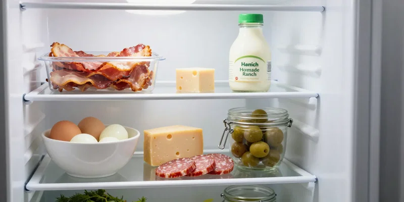 Stable Diffusion Prompt: A well-organized refrigerator interior. Crispy bacon strips in a container, hard-boiled eggs in a bowl, portioned cheese cubes, sliced salami, a bottle of homemade ranch dressing, and olives in a jar. Clean, bright lighting, minimalist aesthetic, photo realistic.